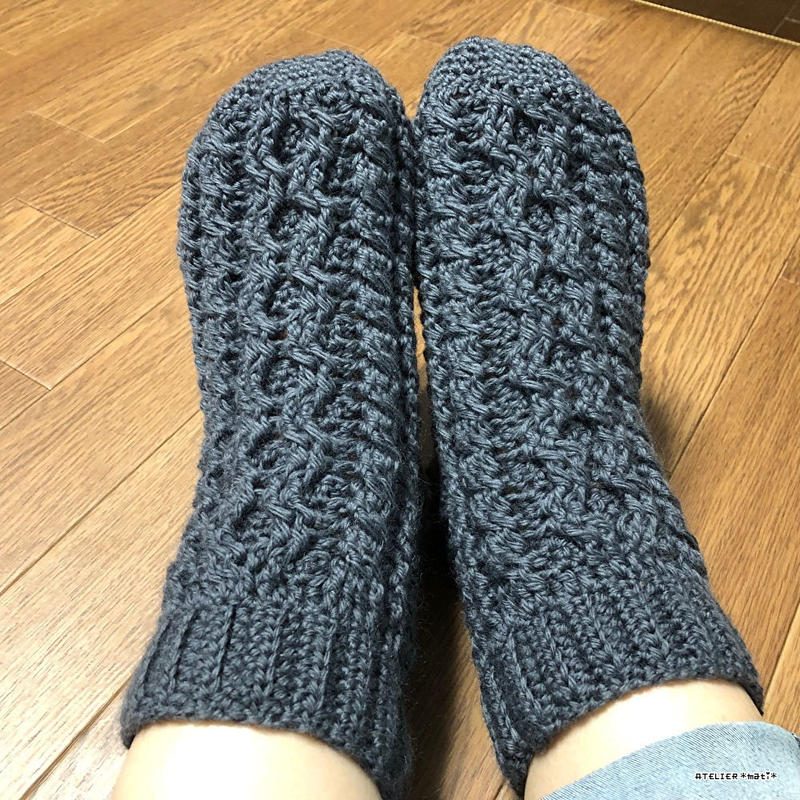編み図 かぎ針編みアラン模様のルームソックス 2サイズ ダウンロード版 かぎ針編み雑貨