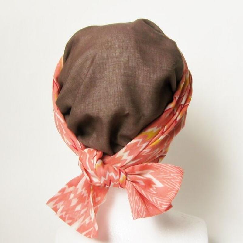 ヘアバンド ヘアターバン 頭頂部あり 帽子 ネックウォーマー 茶 サーモンピンクジグザク模様リ