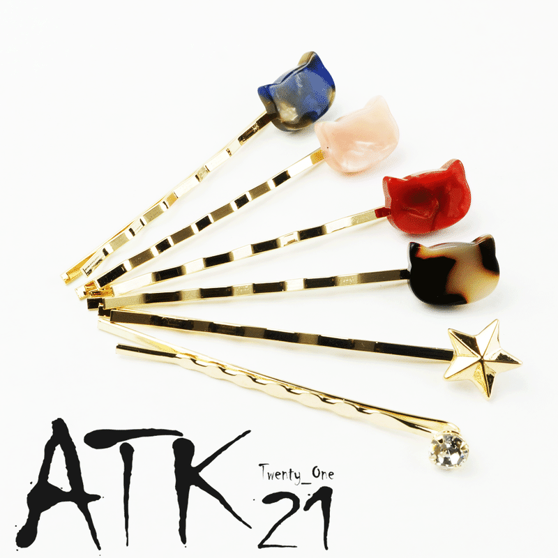 3本セット マーブル ネコ 猫 ねこ スター ビジュー ゴールド ヘアピンセット 髪どめ 前