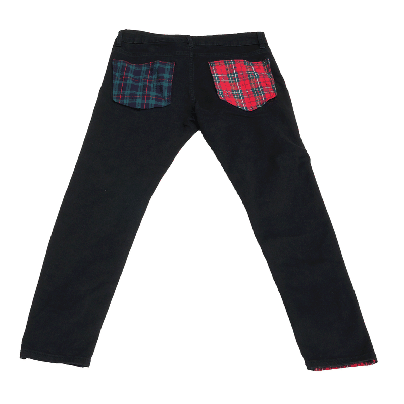 リメイク デニムパンツ スキニー ブラック デニム メンズ タータンチェック ボンテージストラ