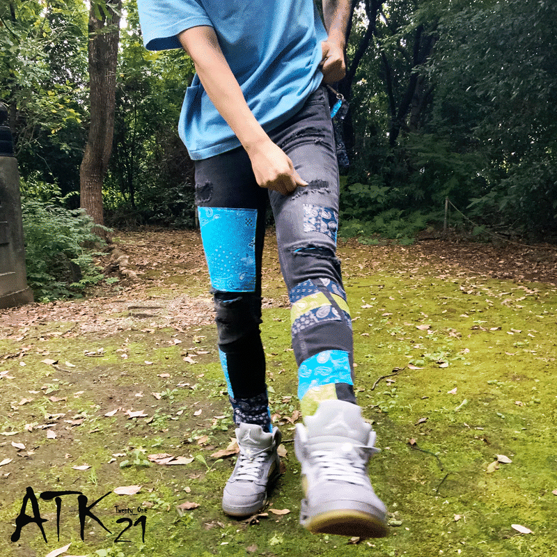 リメイク デニムパンツ スキニー ブラック デニム メンズ ペイズリー ボンテージストラップ