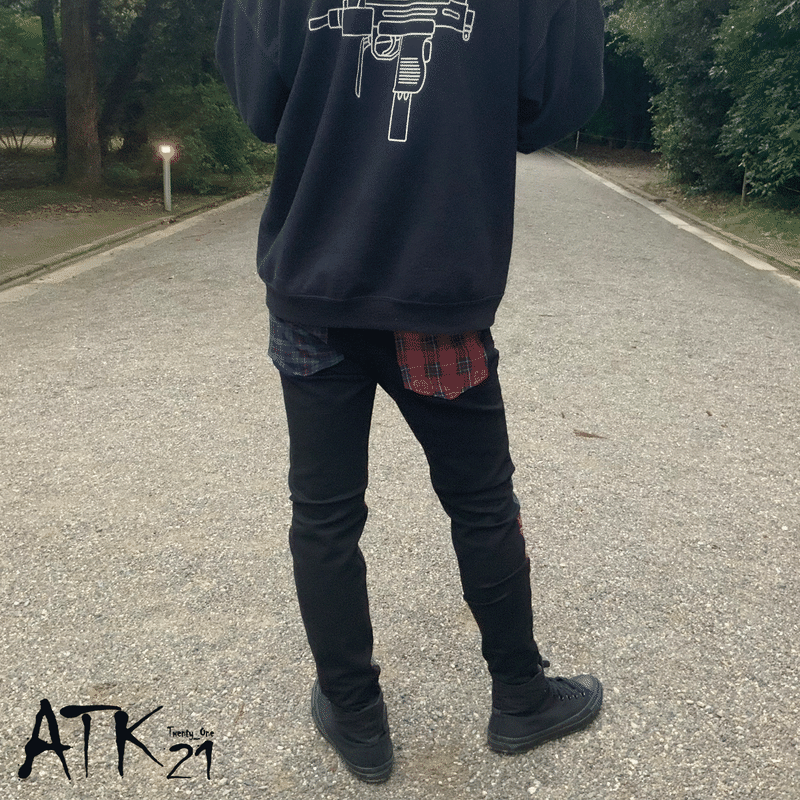 リメイク デニムパンツ スキニー ブラック デニム メンズ タータンチェック ボンテージストラ リメイク デニムパンツ スキニー ブラック デニム メンズ タータンチェック ボンテージストラ