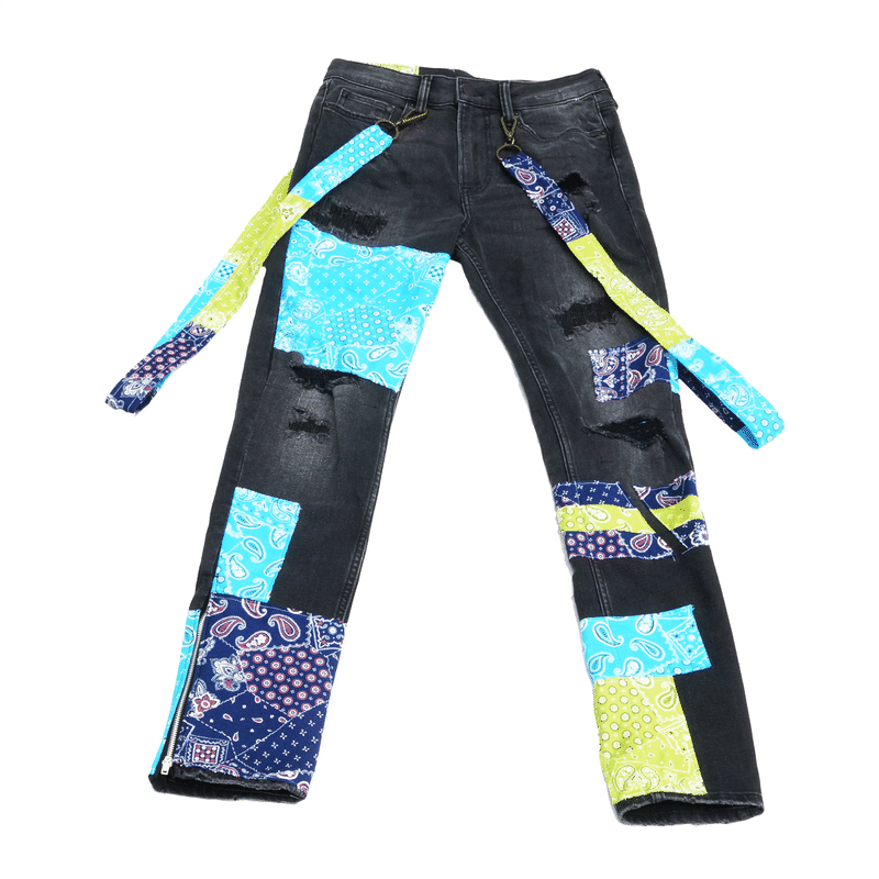 リメイク デニムパンツ スキニー ブラック デニム メンズ ペイズリー ボンテージストラップ リメイク デニムパンツ スキニー ブラック デニム メンズ ペイズリー ボンテージストラップ