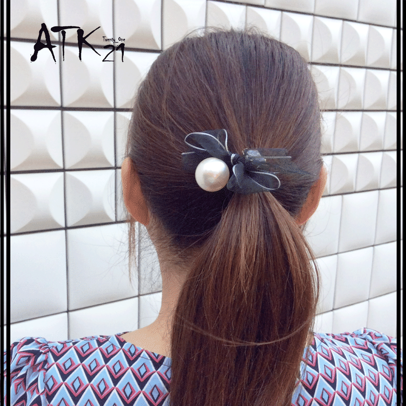 パール ビジュー リボン ヘアゴム 大人可愛い フェミニン ヘアポニー 髪留め 簡単ヘアアレ