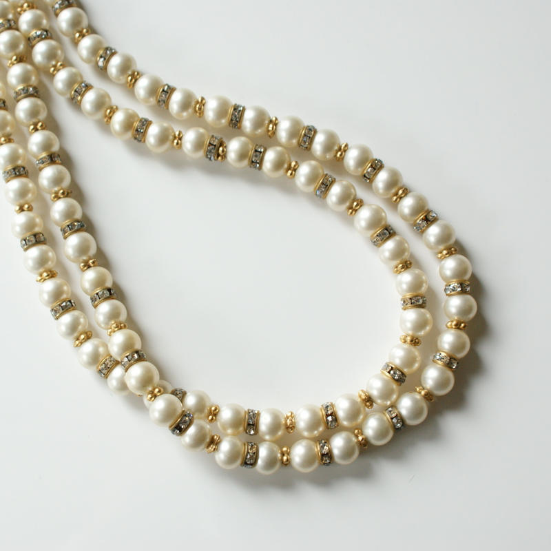 Marvellaマーベラ ガラスパール ラインストーン ロングネックレス ヴィンテージ