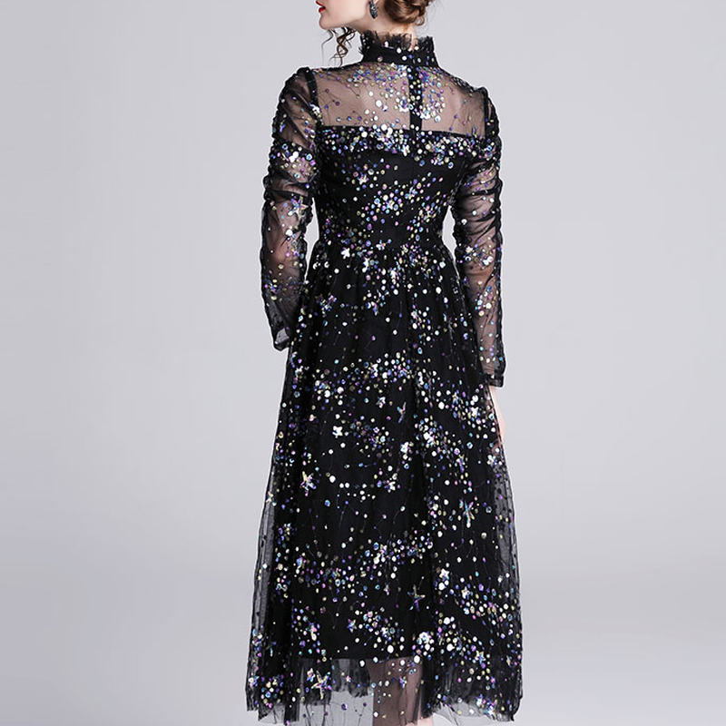 スパンコールワンピース 長袖 シースルー ハイネック Aライン 大人 上品