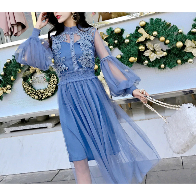 パフスリーブ刺繍ガーリーワンピース シースルー 花柄 フラワー バルーン袖 結婚式 ウエディ