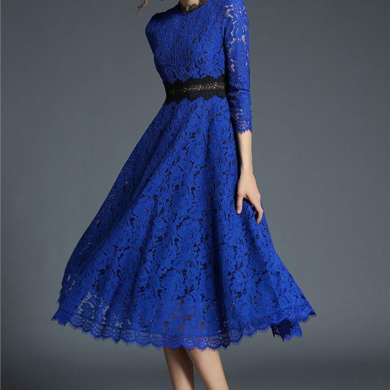 レ スワンピース 透け感 青 ブルー 結婚式 お呼ばれ 二次会 パーティードレス ミモレ丈