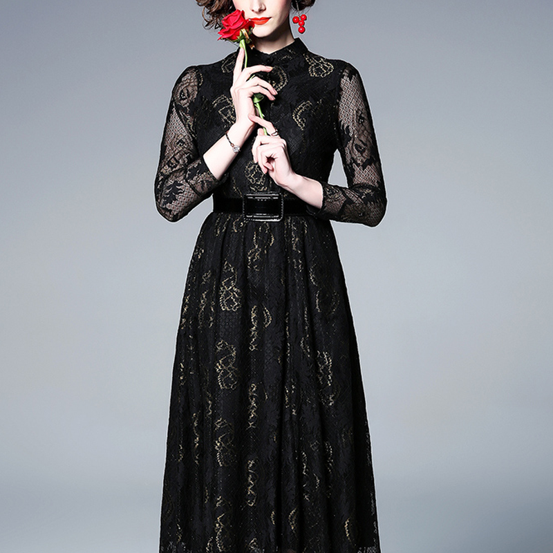 総レースワンピース 長袖 フロントボタン ベルト付き Aライン 大人 上品