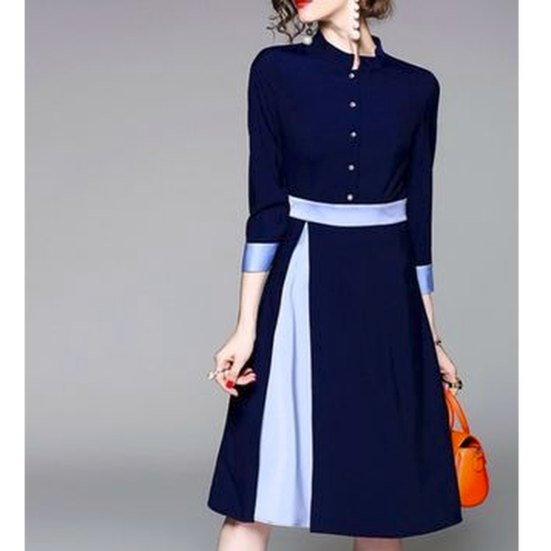 上品バイカラー切替スリムワンピース ７分袖 ひざ丈 結婚式 ドレス 青 ブルー ネイビー