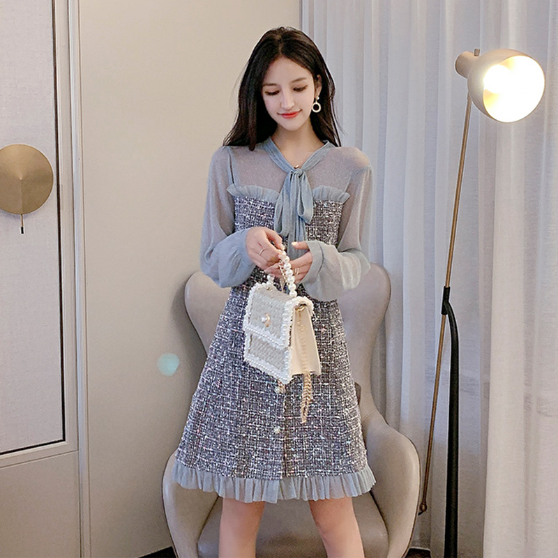 ツイードミニワンピース 重ね着風 ボウタイ シースルー 裾フリル 膝上丈