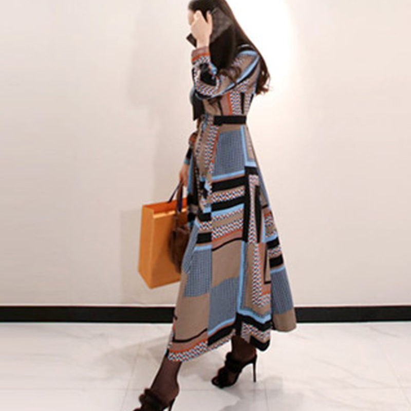レトロ ロングワンピース 幾何学模様 プリントワンピース Aライン 長