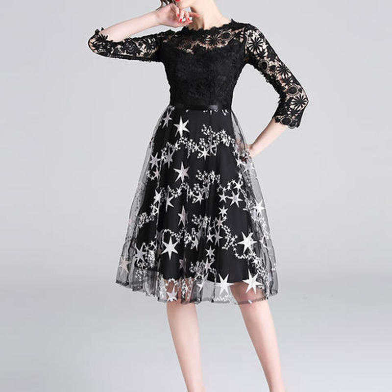 星柄ワンピース 刺繍ワンピース レース 黒 エレガント カジュアル パッチワーク 演奏会