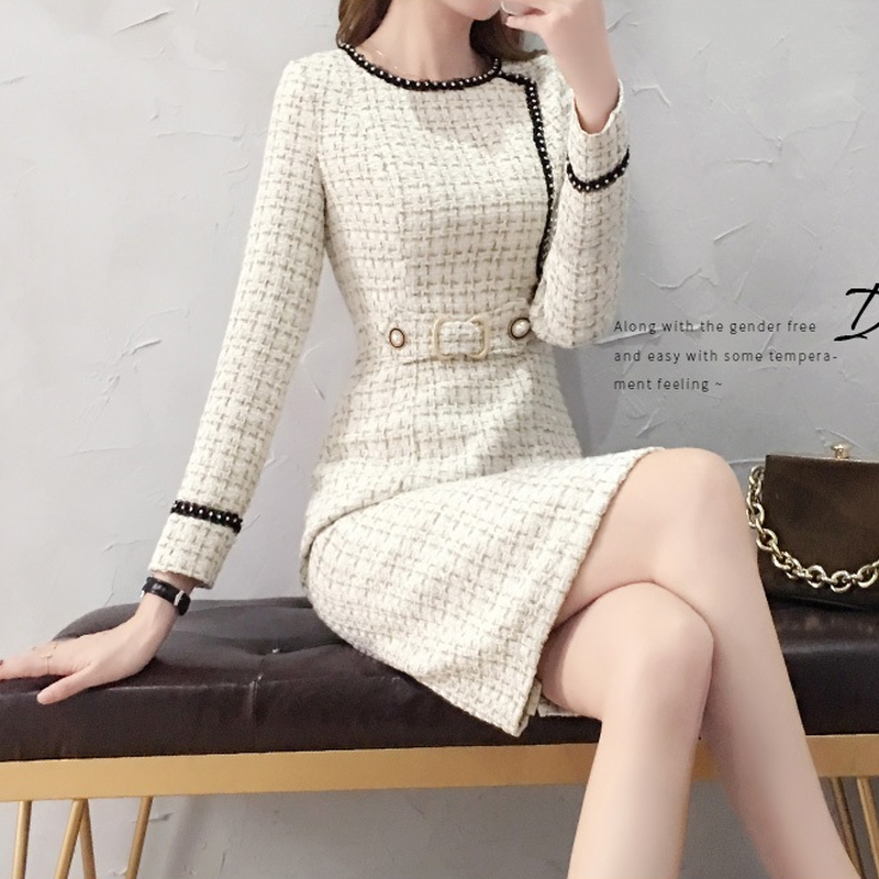 ツイードワンピース タイトワンピース きれいめ 春秋冬 ドレス 長袖 結婚式