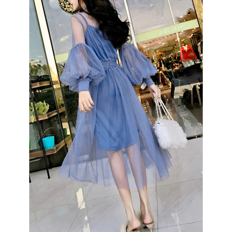 パフスリーブ刺繍ガーリーワンピース シースルー 花柄 フラワー バルーン袖 結婚式 ウエディ