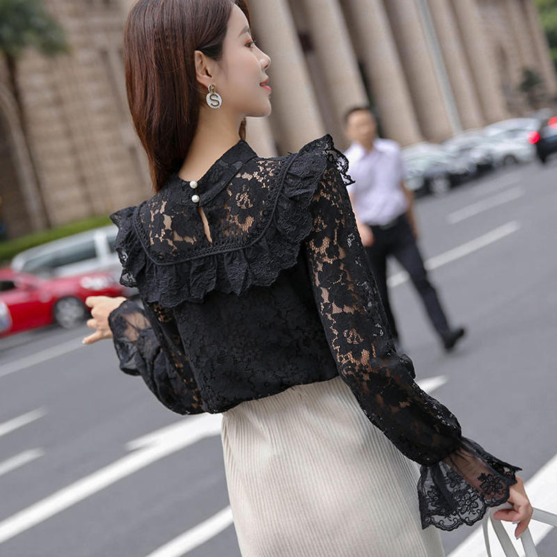 フリル レースブラウス フリル袖 ハイネック 長袖 黒 ブラック コーデ 大きいサイズ 通勤