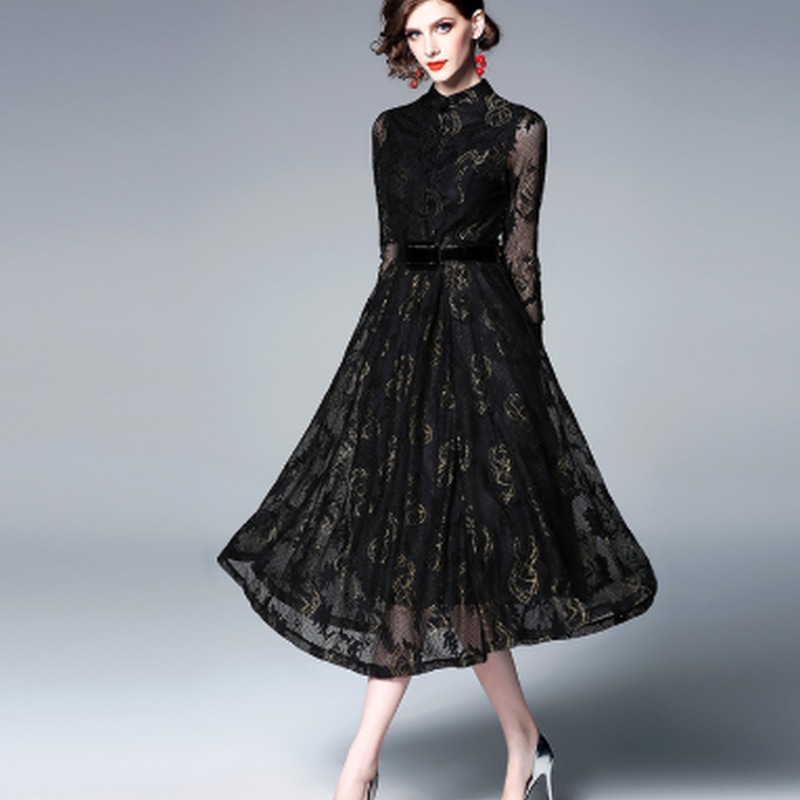 総レースワンピース 長袖 フロントボタン ベルト付き Aライン 大人 上品