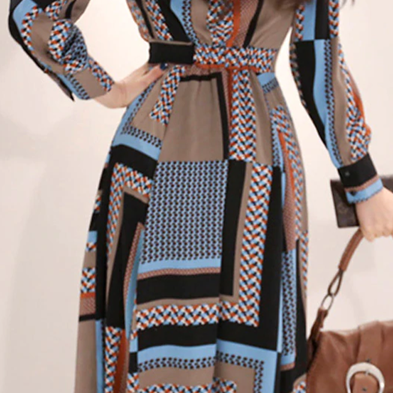 レトロ ロングワンピース 幾何学模様 プリントワンピース Aライン 長