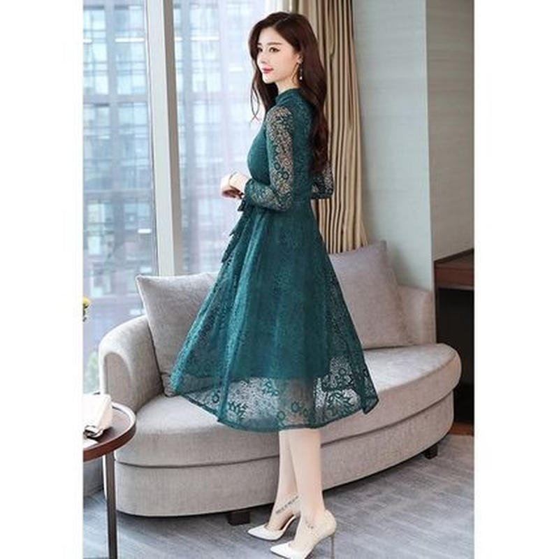 レースフレアワンピース ハイネック 結婚式 二次会 パーティー ドレス 上品 緑 グリーン 大