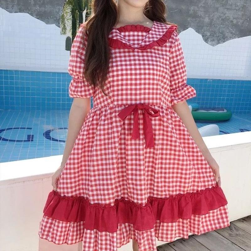 赤チェック ロリータシャツワンピース Fancy World