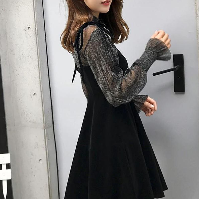 シースルー パフスリーブシャツ ベロアワンピース ベルベット ミニドレス フォーマル