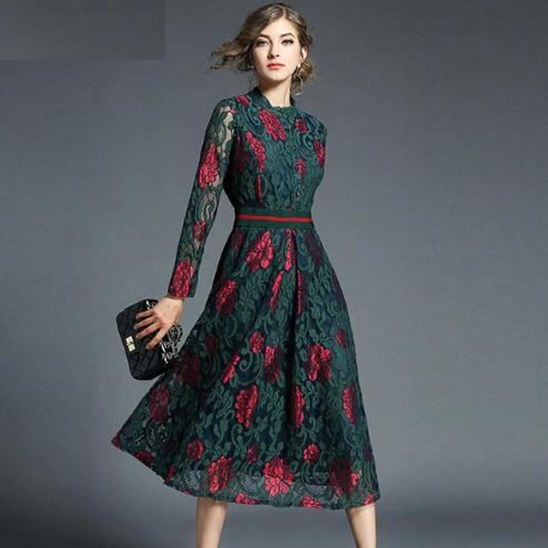 バイカラーレースワンピース ミモレ丈 結婚式 演奏会 パーティー 春 夏 長袖 グリーン