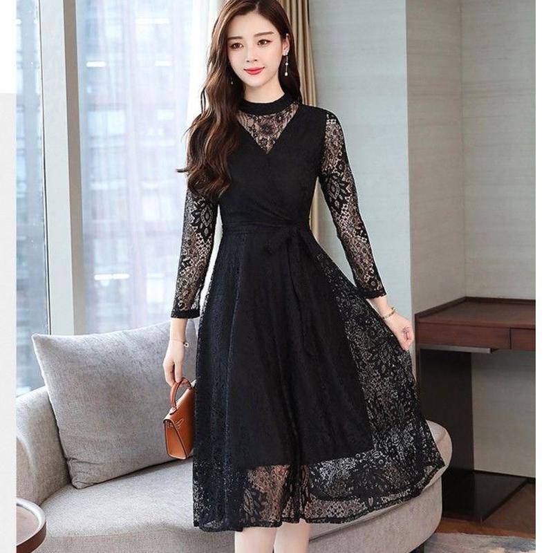 レースフレアワンピース ハイネック 結婚式 二次会 パーティー ドレス 上品 大きいサイズ