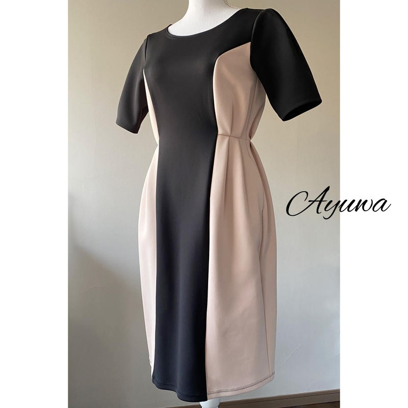 ブラック ピンクベージュ 半袖 丸襟 バイカラー ストレッチ ワンピース Ayuwa O