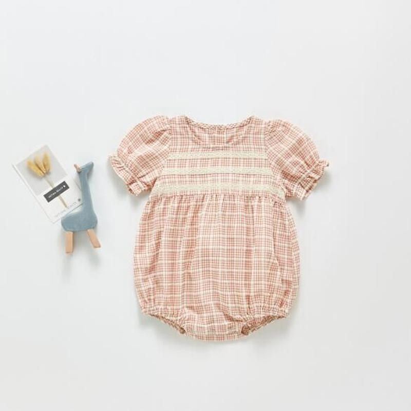チェック柄 レースのパフスリーブ袖ロンパース 可愛いベビー服 春夏 半袖 Micchu