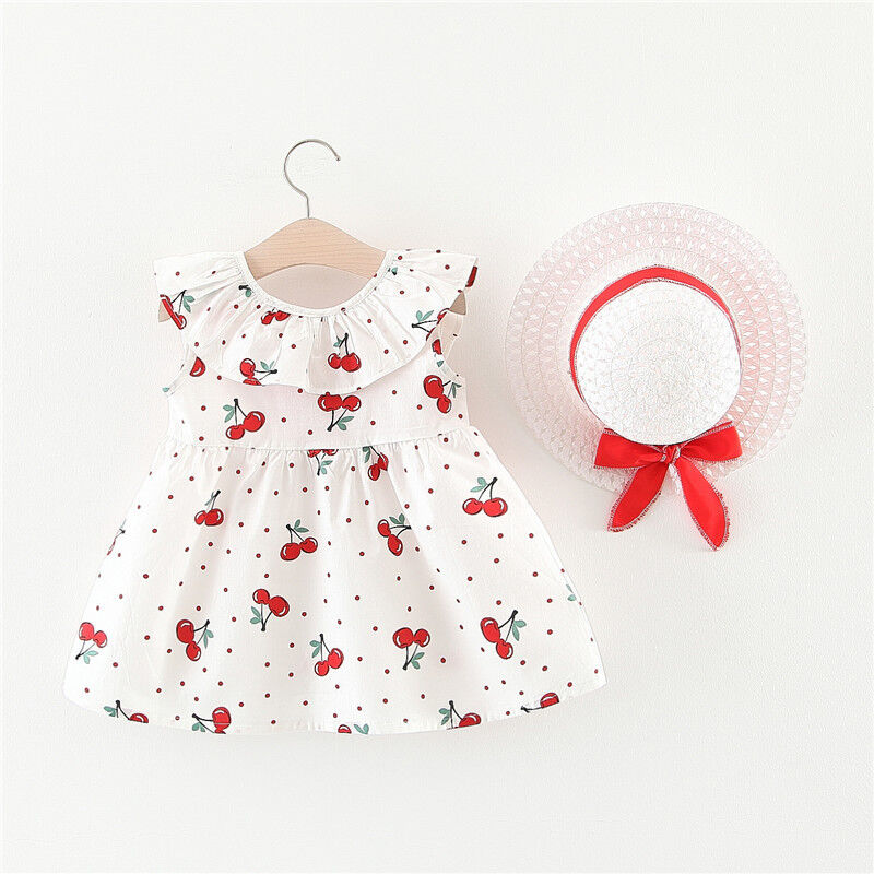 選べる3色 ハット付き バックスタイルがキュートなサクランボ柄フリルワンピース キッズコーデ