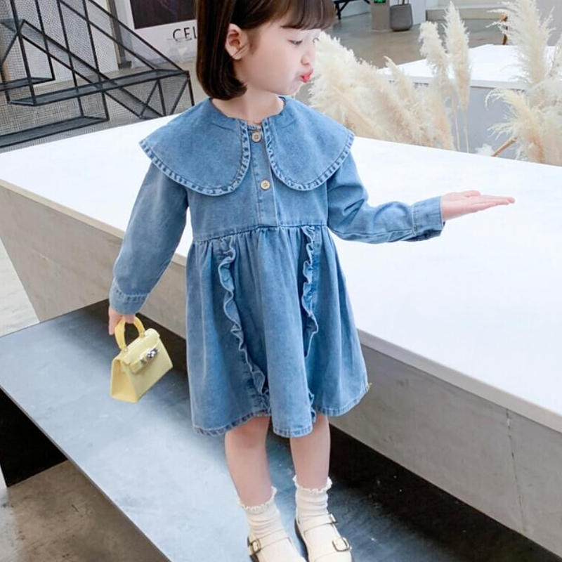 大きな丸い衿が可愛い 縦フリルaライン長袖デニムワンピース かわいい子ども服 可愛い子ども