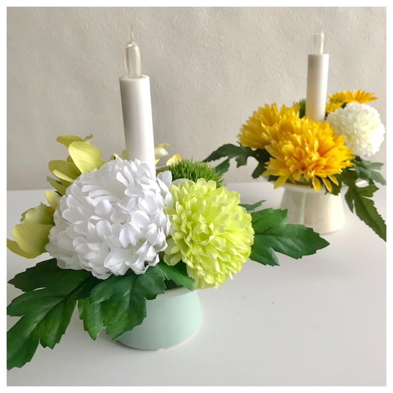 お供え花 火を使わない Led ロウソク 仏花アレンジ 上品 ホワイト グリーン 鞠花