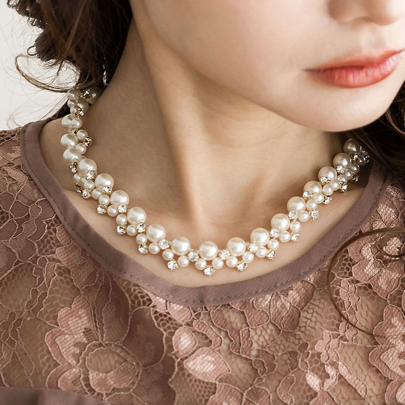 ミックスビジューパールネックレス E 4 パーティードレス通販baybclub