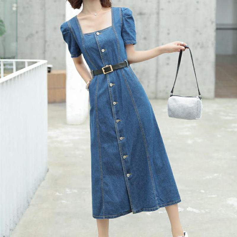 大人可愛い スクエアネックフランス風レトロウエスト絞りa ライン デニムワンピース Vo