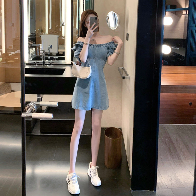 夏新作バブル袖 ウエスト細身 ブルーデニムワンピース Voguebellay Store