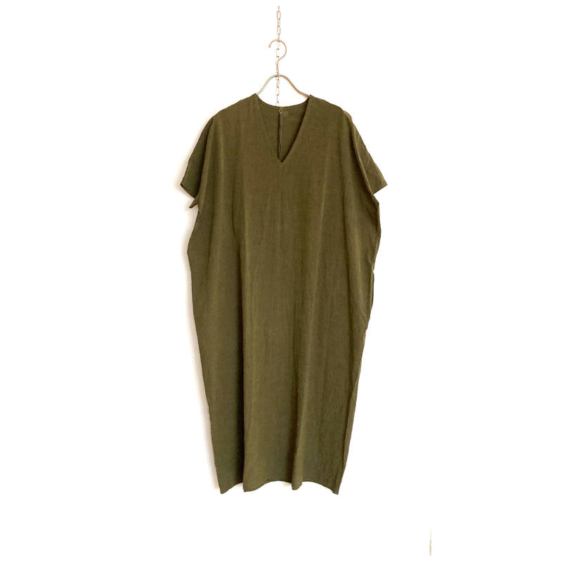 Yamma 会津木綿vネックワンピース半袖 レギュラー丈 Avs Op Hs Bico