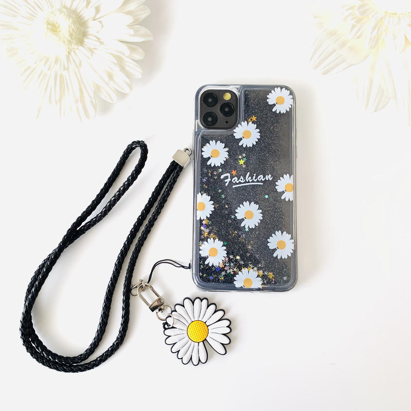 グリッター Flowerチャーム ストラップ付き ブラック Iphoneケース ブラック
