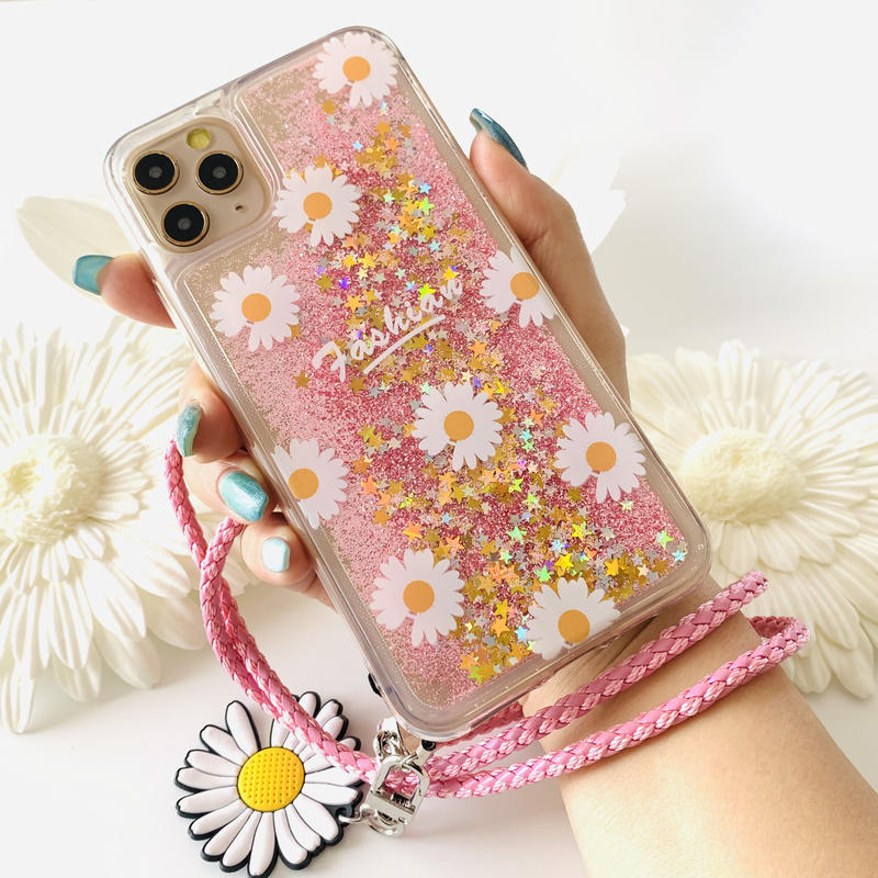 グリッター Flowerチャーム ストラップ付き ピンク Iphoneケース ブラックパ