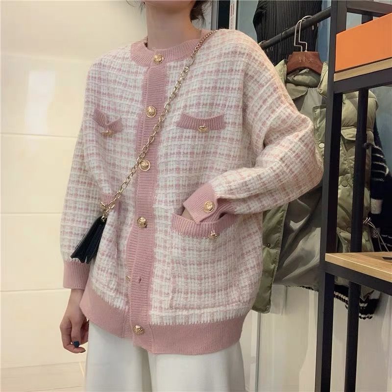 オーバーサイズチェック柄ピンクカーディガン Brillantselect Store