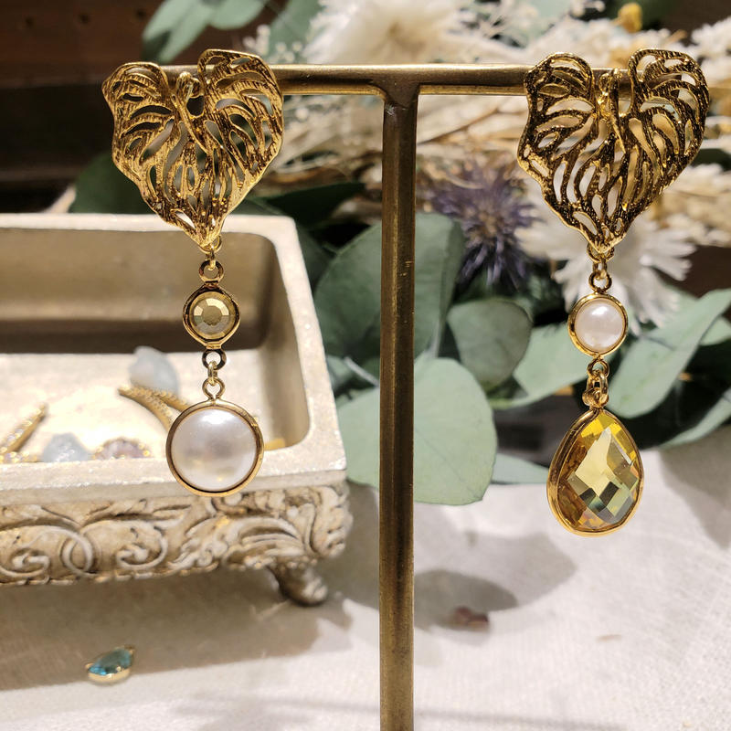 有楽町店限定アクセサリー シャネルパールイエローオープンリーフピアス Yurk0008