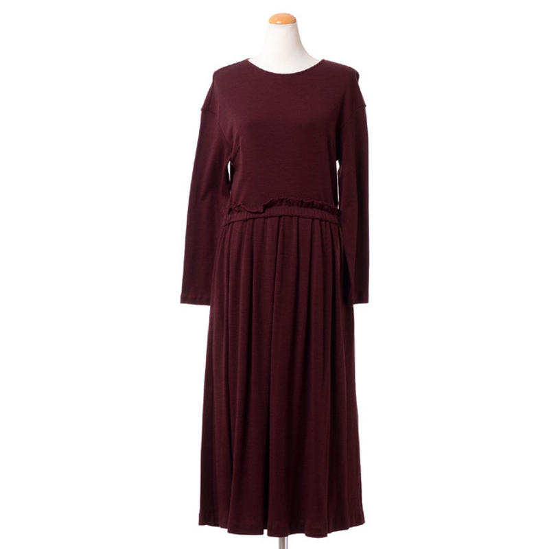 テン Ten 長袖フリルウエストワンピース ウールジャージー ボルドー Yokoaunty