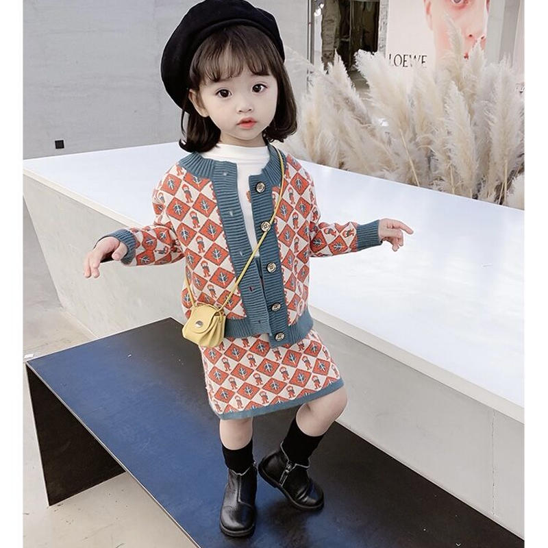 韓国風子供服お嬢様春秋 ソフトニットワンピースセットアップ2点セット Cat S Bum