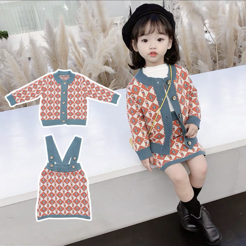 韓国風子供服お嬢様春秋 ソフトニットワンピースセットアップ2点セット Cat S Bum