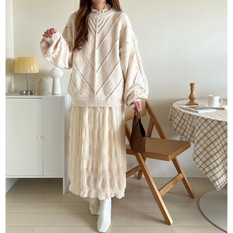 シフォンシワプリーツロングワンピース アイボリー Cle