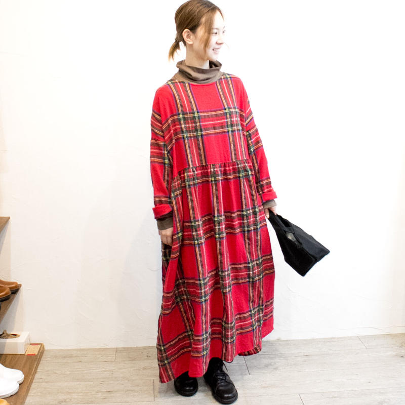 Antiquites アンティークス ウールリネンタータンチェックワンピース