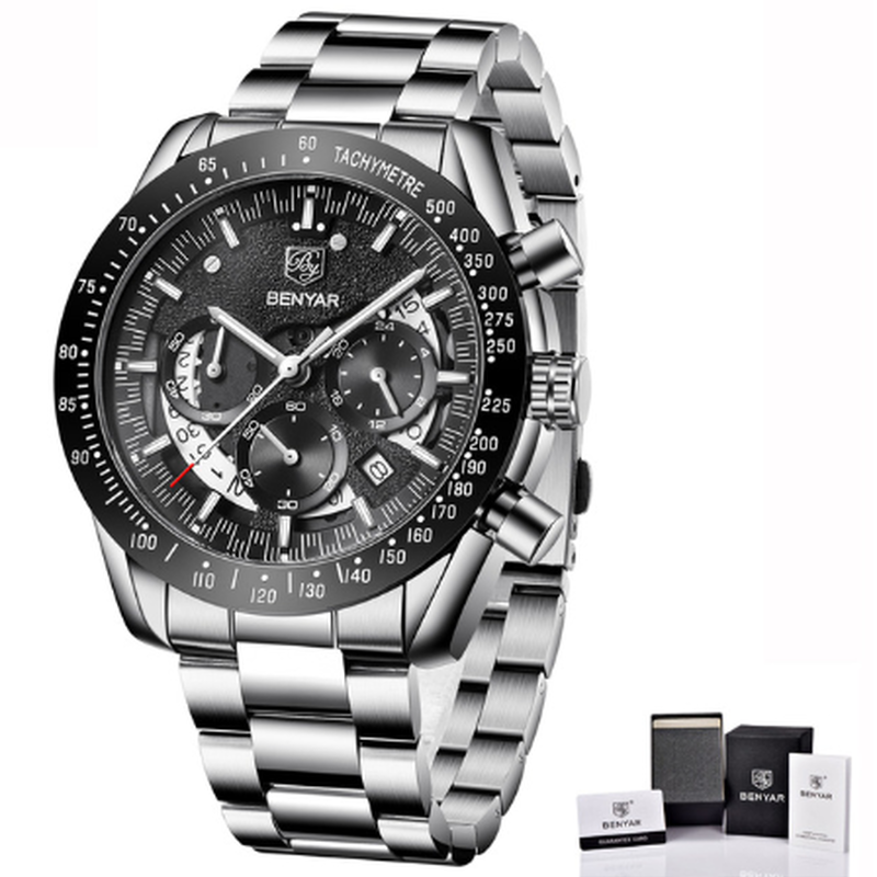 高級ブランド Benyar 海外 メンズ腕時計 クロノグラフ 防水 ステンレスベルト 高耐