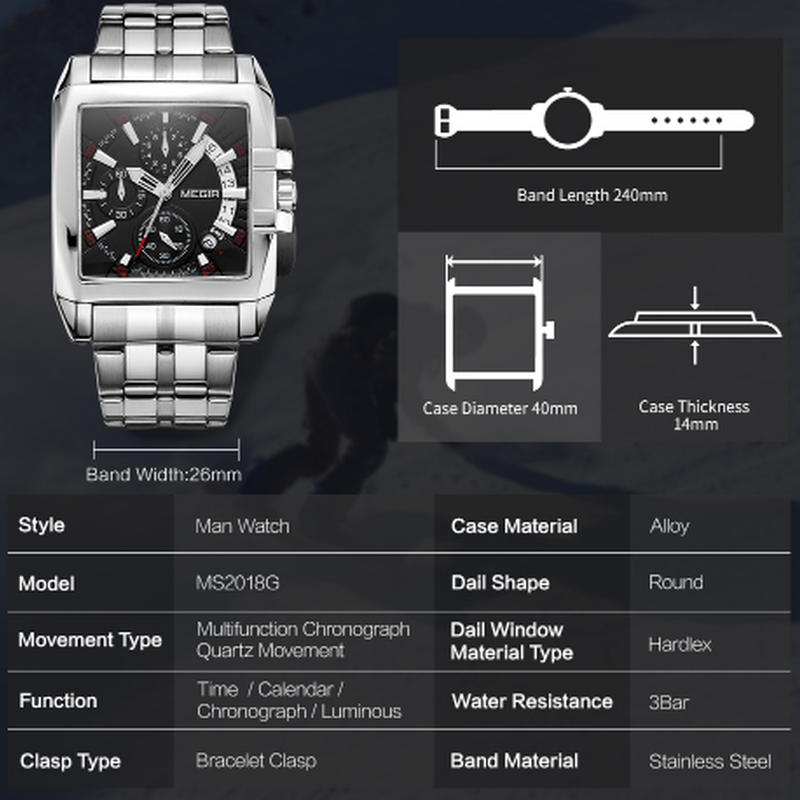 18 Megir メンズ腕時計 四角形の文字盤 クロノグラフ 3気圧防水 ステンレスバ