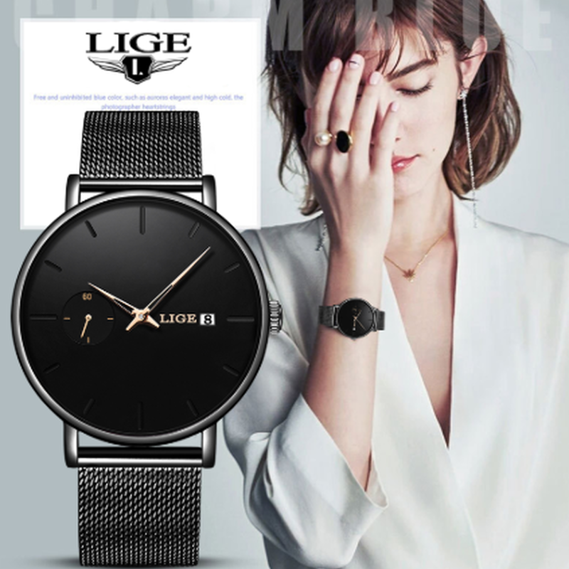 Lige 腕時計 レディース 防水 クォーツ 日付表示 ステンレスメッシュベルト 発光 ルミ