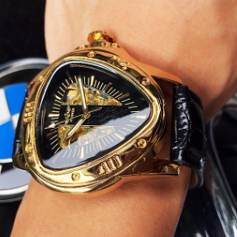 カーキ×インディゴ 匿名配送 メンズ ゴールドスケルトン 機械式 三角形