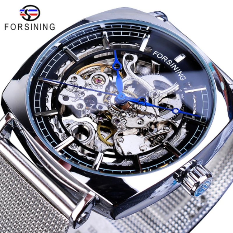 Forsining 自動巻き スクエア スケルトン メンズ腕時計 機械式 ステンレスメッシ